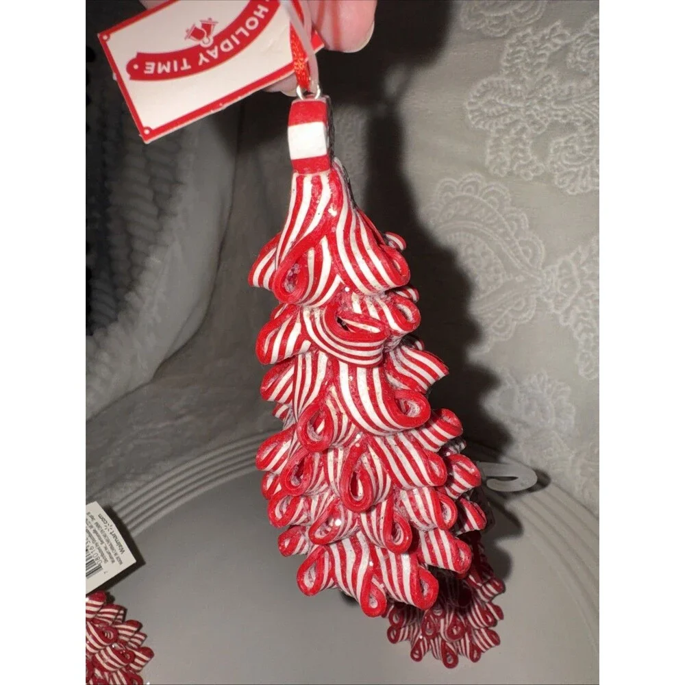 3 Christmas Ribbon Peppermint Tree Ornament Candy Cane Striped  Red White 4”